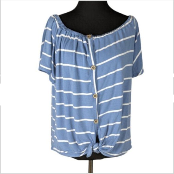 Fantastic Fawn Tops - Fantastic Fawn Sz M Blue Striped Button Down Off the Shoulder Tie Hem Blouse